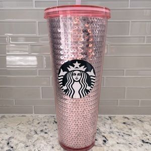 Limited edition blush pink sequin Starbucks tumbler.